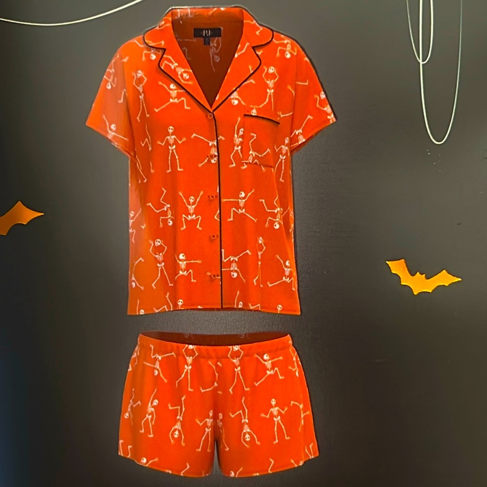 Dancing SKELETON 2pc Pajama Set * size 1XL * Orange White Black SHORTS S/ Sleeve